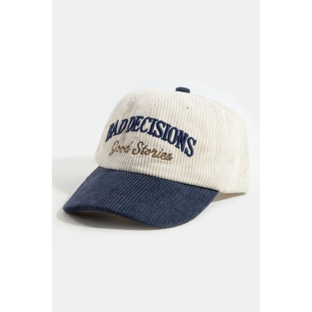 NEW Bad Decisions Good Stories Corduroy Baseball Cap Two Tone Blue Cream Dad Hat